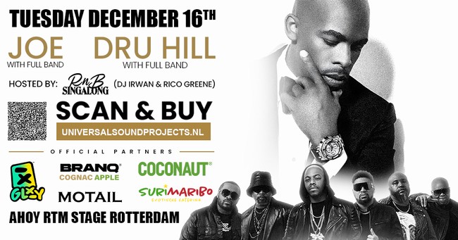 Amerikaanse R&B-legendes Joe en Dru Hill geven een exclusief concert op dinsdag 16 december in de RTM Stage van Rotterdam Ahoy.